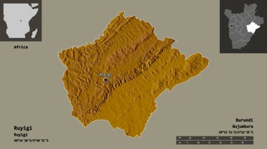 Ruyigi, Burundi ili ve başkenti. Uzaklık ölçeği, ön gösterimler ve etiketler. Topografik yardım haritası. 3B görüntüleme