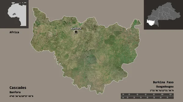 カスケードの形状 ブルキナファソの地域 およびその首都 距離スケール プレビューおよびラベル 衛星画像 3Dレンダリング — ストック写真