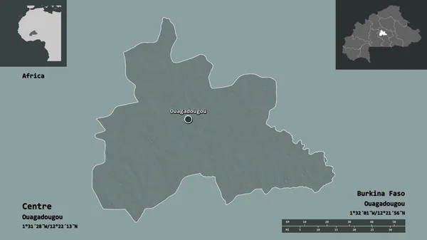 中心部の形状 ブルキナファソの地域 およびその首都 距離スケール プレビューおよびラベル 色の標高マップ 3Dレンダリング — ストック写真