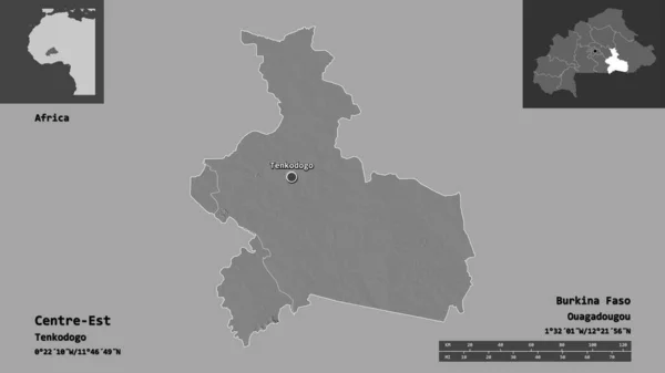 布吉纳法索东部地区及其首都的形状 距离刻度 预览和标签 Bilevel高程图 3D渲染 — 图库照片