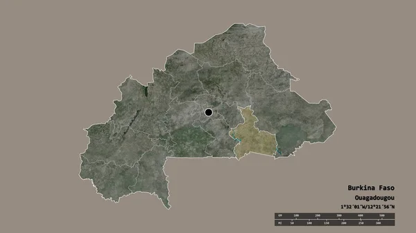 ブルキナファソの首都 主な地域部門と分離された中心部 東地域との荒廃した形 ラベル 衛星画像 3Dレンダリング — ストック写真