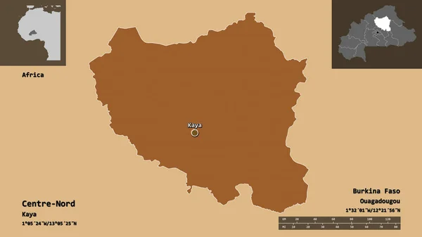 中央北の形状 ブルキナファソの地域 およびその首都 距離スケール プレビューおよびラベル パターン化されたテクスチャの構成 3Dレンダリング — ストック写真