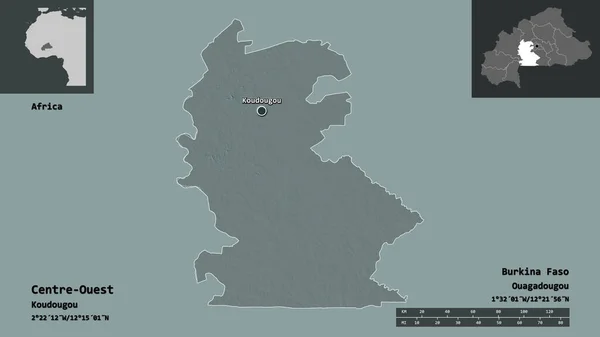 布吉纳法索中西部地区的形状及其首都 距离刻度 预览和标签 彩色高程图 3D渲染 — 图库照片