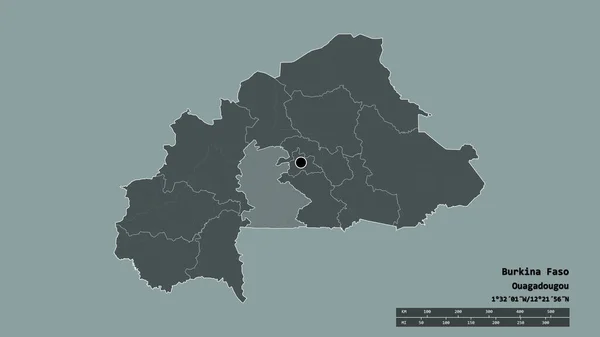 ブルキナファソは その首都 主要地域部門と分離されたセンター アウトスト地域との荒廃した形 ラベル 色の標高マップ 3Dレンダリング — ストック写真