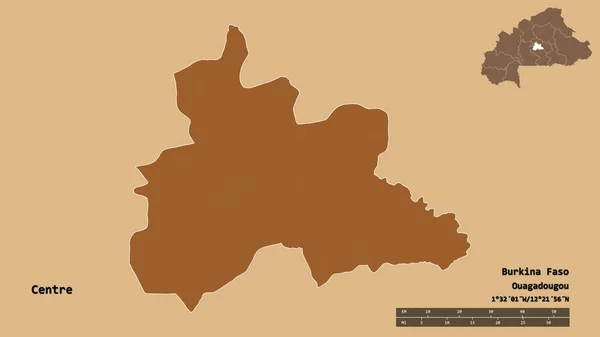 中部形状 布基纳法索地区 其首都孤立在坚实的背景下 距离尺度 区域预览和标签 图形纹理的组成 3D渲染 — 图库照片