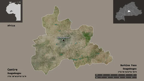 中部形状 布基纳法索地区及其首都 距离刻度 预览和标签 卫星图像 3D渲染 — 图库照片