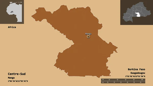 布吉纳法索南部地区中心的形状及其首都 距离刻度 预览和标签 图形纹理的组成 3D渲染 — 图库照片