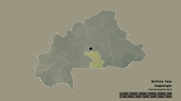 ブルキナファソの首都 主な地域部門と分離された中心部 スード地域との荒廃した形 ラベル 地形図 3Dレンダリング — ストック写真