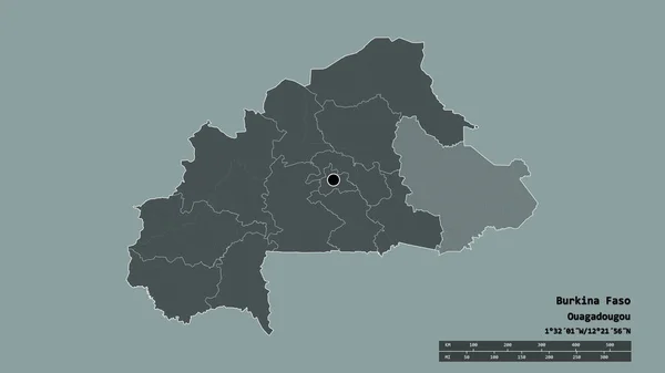 ブルキナファソは その首都 主要な地域部門と分離された東側地域との荒廃した形 ラベル 色の標高マップ 3Dレンダリング — ストック写真