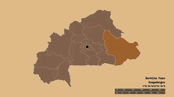 Desaturated shape of Burkina Faso with its capital, main regional division and the separated Est area. Labels. Composition of patterned textures. 3D rendering