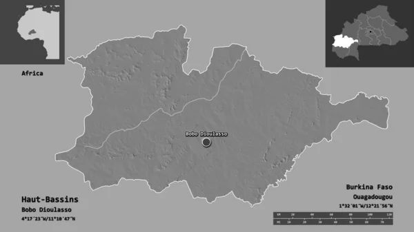 Form Haut Bassins Regionen Burkina Faso Och Dess Huvudstad Avståndsskala — Stockfoto