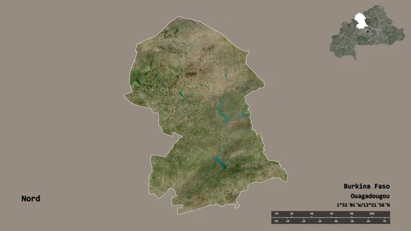 布吉纳法索北部的形状 其首都在坚实的背景下与世隔绝 距离尺度 区域预览和标签 卫星图像 3D渲染 — 图库照片