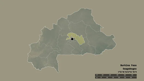 ブルキナファソの荒廃した形で その首都 主な地域部門と分離された高原中央地域 ラベル 地形図 3Dレンダリング — ストック写真