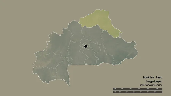 ブルキナファソの首都 主な地域部門と分離されたサヘル地域での荒廃した形 ラベル 地形図 3Dレンダリング — ストック写真