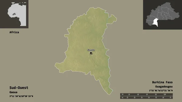 布吉纳法索西南部的形状及其首都 距离刻度 预览和标签 地形浮雕图 3D渲染 — 图库照片