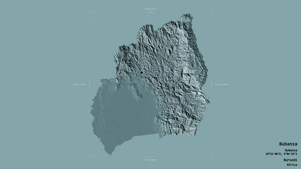 Area of Bubanza, province of Burundi, isolated on a solid background in a georeferenced bounding box. Labels. Colored elevation map. 3D rendering