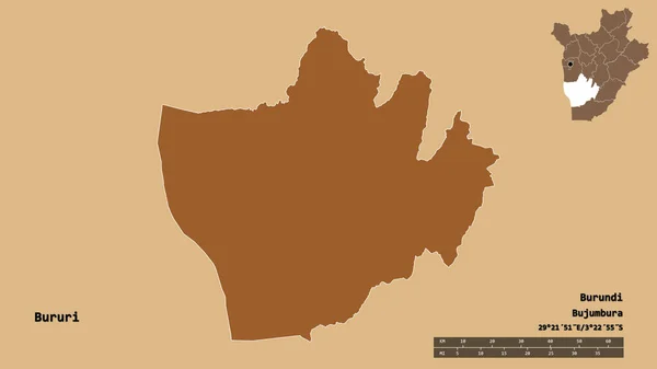 ブルンジ共和国のブルリ県の形で その首都はしっかりとした背景に隔離されています 距離スケール リージョンプレビュー およびラベル パターン化されたテクスチャの構成 3Dレンダリング — ストック写真