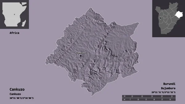 ブルンジ共和国のカンクゾ県とその首都の形 距離スケール プレビューおよびラベル 色の標高マップ 3Dレンダリング — ストック写真