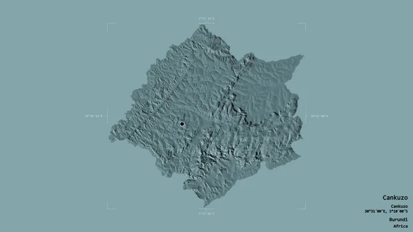 ブルンジ共和国のカンクゾ県の地域は 洗練された境界ボックスにしっかりとした背景に隔離されています ラベル 色の標高マップ 3Dレンダリング — ストック写真