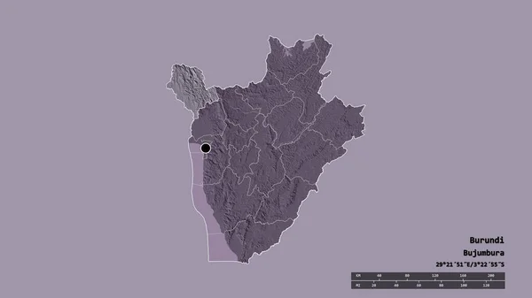 主要な地域部門と分離されたシビトケ地域とブルンジの荒廃した形 ラベル 色の標高マップ 3Dレンダリング — ストック写真