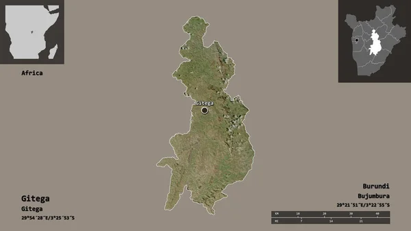 布隆迪吉特加省的形状及其首都 距离刻度 预览和标签 卫星图像 3D渲染 — 图库照片