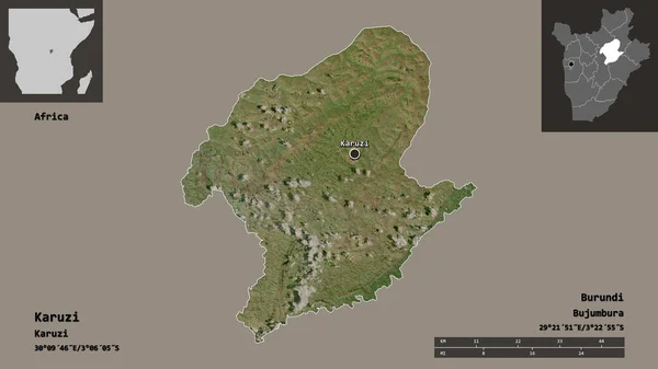 布隆迪Karuzi省的形状及其首都 距离刻度 预览和标签 卫星图像 3D渲染 — 图库照片