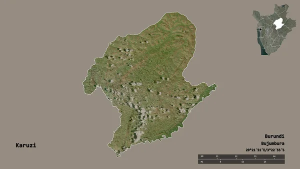 布隆迪卡鲁齐省的形状 其首都在坚实的背景下与世隔绝 距离尺度 区域预览和标签 卫星图像 3D渲染 — 图库照片