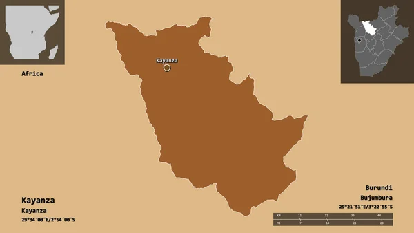 カヤンザの形 ブルンジの州 およびその首都 距離スケール プレビューおよびラベル パターン化されたテクスチャの構成 3Dレンダリング — ストック写真