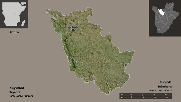 布隆迪省卡扬扎省的形状及其首都 距离刻度 预览和标签 卫星图像 3D渲染 — 图库照片