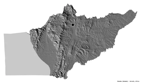 ブルンジ共和国のマカンバ州の形で 首都は白い背景に孤立しています 標高マップ 3Dレンダリング — ストック写真