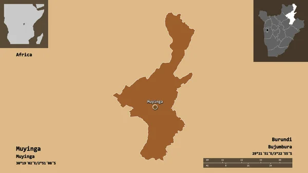 ムイヤンガの形 ブルンジの州 およびその首都 距離スケール プレビューおよびラベル パターン化されたテクスチャの構成 3Dレンダリング — ストック写真