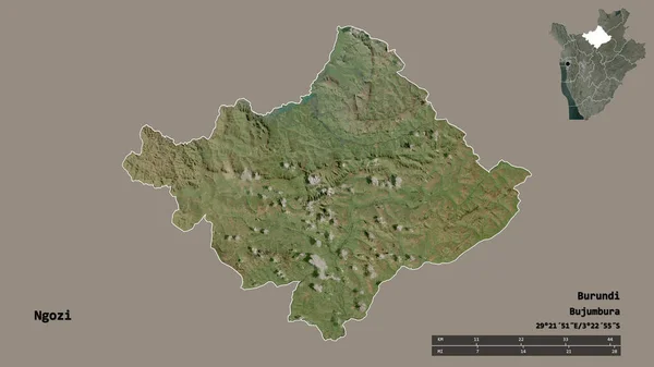 ブルンジ県ンゴジ県の形で その首都はしっかりとした背景に隔離されています 距離スケール リージョンプレビュー およびラベル 衛星画像 3Dレンダリング — ストック写真