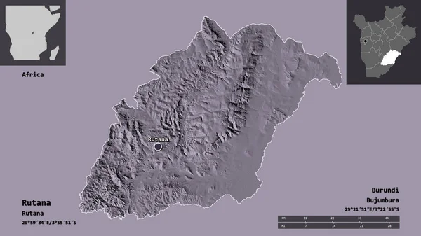 ルタナの形状 ブルンジの州 およびその首都 距離スケール プレビューおよびラベル 色の標高マップ 3Dレンダリング — ストック写真