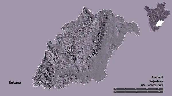布隆迪鲁塔纳省的形状 其首都在坚实的背景下与世隔绝 距离尺度 区域预览和标签 彩色高程图 3D渲染 — 图库照片