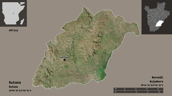 布隆迪鲁塔纳省的形状及其首都 距离刻度 预览和标签 卫星图像 3D渲染 — 图库照片