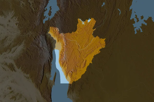 Shape of Burundi separated by the desaturation of neighboring areas. Topographic relief map. 3D rendering