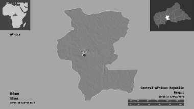 Kemo 'nun şekli, Orta Afrika Cumhuriyeti vilayeti ve başkenti. Uzaklık ölçeği, ön gösterimler ve etiketler. Çift seviyeli yükseklik haritası. 3B görüntüleme