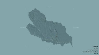 Lobaye bölgesi, Orta Afrika Cumhuriyeti vilayeti, bir sınır kutusunda sağlam bir arka planda izole edilmiştir. Etiketler. Renkli yükseklik haritası. 3B görüntüleme