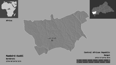 Mambere-Kadei, Orta Afrika Cumhuriyeti ili ve başkenti. Uzaklık ölçeği, ön gösterimler ve etiketler. Çift seviyeli yükseklik haritası. 3B görüntüleme