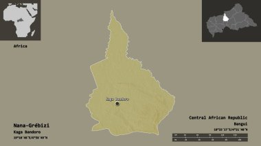 Nana-Grebizi 'nin şekli, Orta Afrika Cumhuriyeti' nin ekonomik bölgesi ve başkenti. Uzaklık ölçeği, ön gösterimler ve etiketler. Topografik yardım haritası. 3B görüntüleme