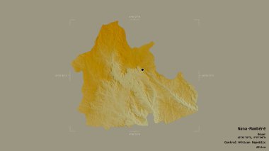 Orta Afrika Cumhuriyeti 'nin Nana-Mambere bölgesi, katı bir arka planda izole edilmiş bir sınır kutusunda. Etiketler. Topografik yardım haritası. 3B görüntüleme
