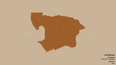 Batdambang bölgesi, Kamboçya vilayeti, jeoreferatlı bir sınır kutusunda sağlam bir arka planda izole edilmiş. Etiketler. Desenli dokuların bileşimi. 3B görüntüleme