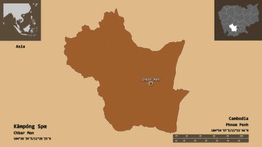 Kamboçya vilayeti Kampong Sp ve başkenti. Uzaklık ölçeği, ön gösterimler ve etiketler. Desenli dokuların bileşimi. 3B görüntüleme