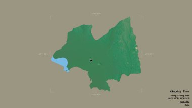 Kampong Thum bölgesi, Kamboçya vilayeti, jeoreferatlı bir sınır kutusunda sağlam bir arka planda izole edilmiş. Etiketler. Topografik yardım haritası. 3B görüntüleme