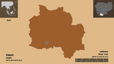 Kamboçya ve başkenti Kamboçya 'nın şekli. Uzaklık ölçeği, ön gösterimler ve etiketler. Desenli dokuların bileşimi. 3B görüntüleme