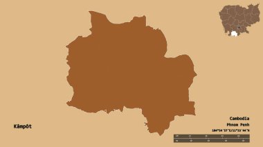 Kamboçya 'nın başkenti Kamboçya' nın sağlam bir arka planda izole edilmiş hali. Uzaklık ölçeği, bölge önizlemesi ve etiketleri. Desenli dokuların bileşimi. 3B görüntüleme