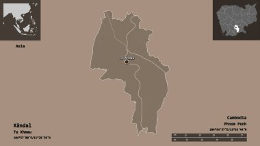 Kandal 'ın şekli, Kamboçya vilayeti ve başkenti. Uzaklık ölçeği, ön gösterimler ve etiketler. Renkli yükseklik haritası. 3B görüntüleme