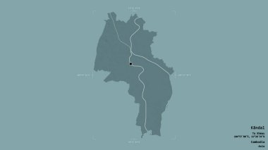 Kandal bölgesi, Kamboçya vilayeti, jeoreferatlı bir sınır kutusunda sağlam bir arka planda izole edilmiş. Etiketler. Renkli yükseklik haritası. 3B görüntüleme