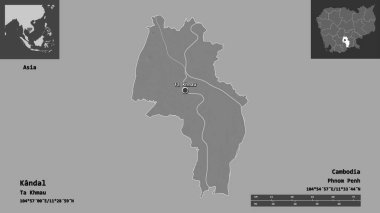 Kandal 'ın şekli, Kamboçya vilayeti ve başkenti. Uzaklık ölçeği, ön gösterimler ve etiketler. Çift seviyeli yükseklik haritası. 3B görüntüleme