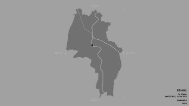 Kandal bölgesi, Kamboçya vilayeti, jeoreferatlı bir sınır kutusunda sağlam bir arka planda izole edilmiş. Etiketler. Çift seviyeli yükseklik haritası. 3B görüntüleme